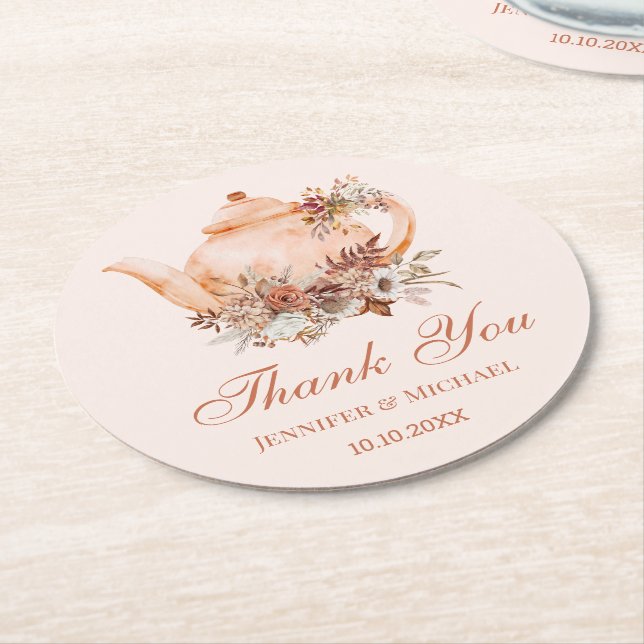 akvarell tekanna höst tefall bröllop tack  underlägg papper rund (Vinklad)