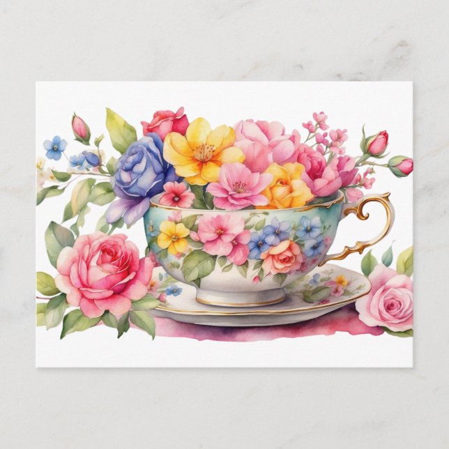 Akvarell Tekopp med Vackra Blommor  Vykort (Framsida)