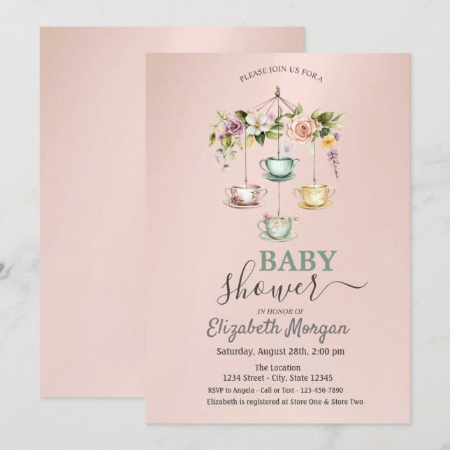 Akvarell Tekoppar Blommig Bebis Shower Inbjudningar (Fram/baksida)