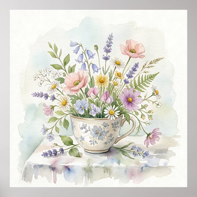 Akvarell Tekoppsbukett Vildblommor och Lavendel Poster (Framsidan)