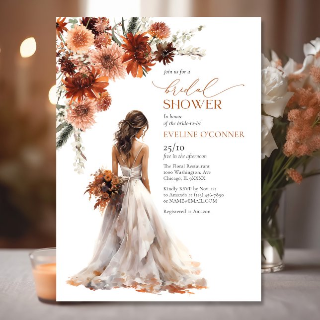 Akvarell terrakotta höstblommor bröllopsklänning inbjudningar (Watercolor terracotta fall flowers wedding gown invitation)