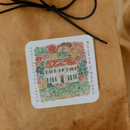 Akvarell Thanksgiving Höst Georgianskt Hus Fyrkantigt Klistermärke