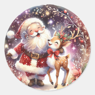 Akvarell Tomte Ren Jul Söt Runt Klistermärke