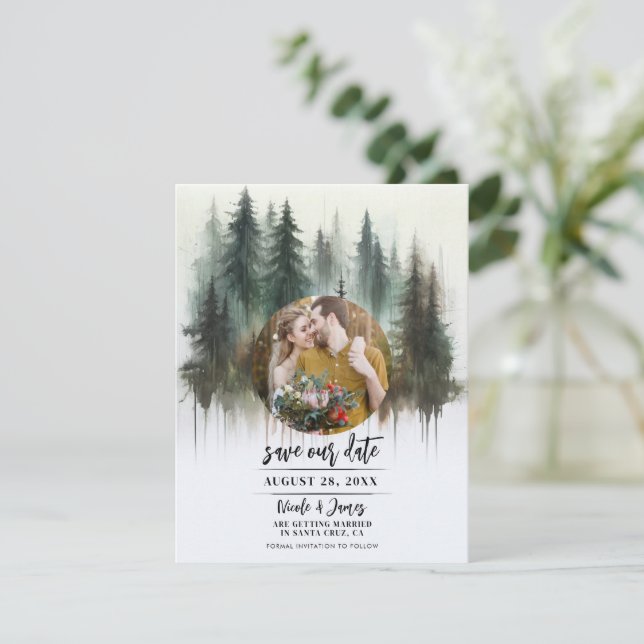 Akvarell Träd Rustik Vildmark Spara Datum Inbjudningar (Stående Fram)