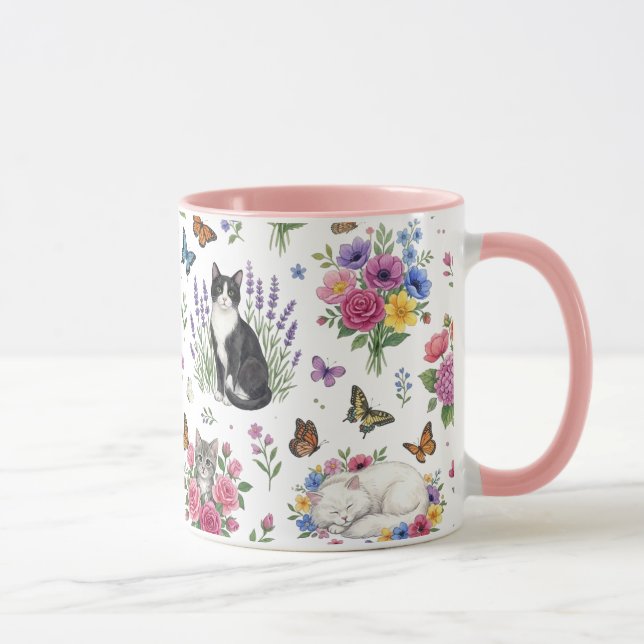 Akvarell Trädgård Katt Mugg - Blommor & Fjäril (Höger)