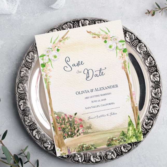 Akvarell Trädgårdsbåge Bröllop Save the Date Meddelande (Watercolor Garden Arch Save the Date Romantic Outdoor Wedding Announcement)