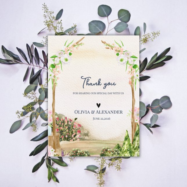 Akvarell Trädgårdsbåge Romantisk Bröllop Tack Vykort (Watercolor Garden Arch Wedding Thank You Card Romantic Botanical Floral Thank You Note)