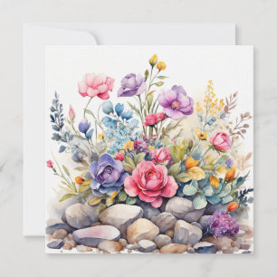 Akvarell Trädgårdsblommor på stenar Kort