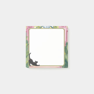 Akvarell Trädgårdsgrind & Sträckande Svart Katt Post-it Block