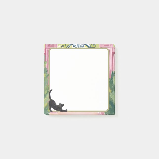 Akvarell Trädgårdsgrind & Sträckande Svart Katt Post-it Block (Framsida)