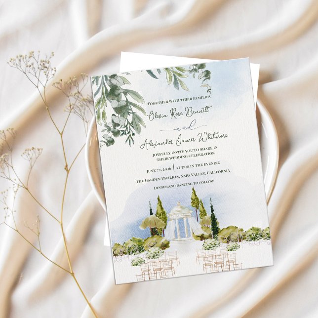 Akvarell Trädgårdspaviljong Utomhusbröllop Inbjudan Vykort (Watercolor Garden Pavilion Wedding Invitation | Estate Outdoor Ceremony Botanical Invite)