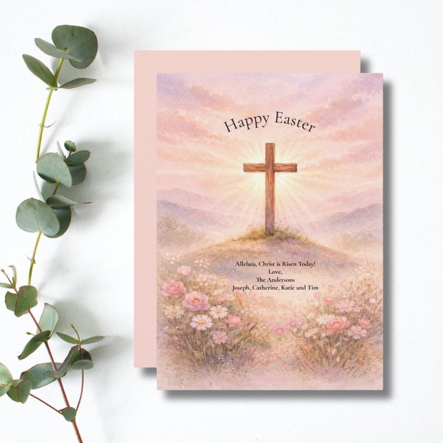 Akvarell Träkors Alleluja Glad Påsk Julkort (Easter Card Pastel Watercolor Wooden Cross on hillside. Personalized, Printed or Digital)