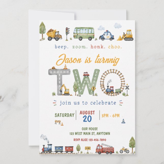 Akvarell Transport Barn 2-årsdag Inbjudningar (Framsida)