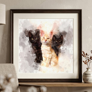 Akvarell Trio av söta svarta och orange kattungar Fototryck