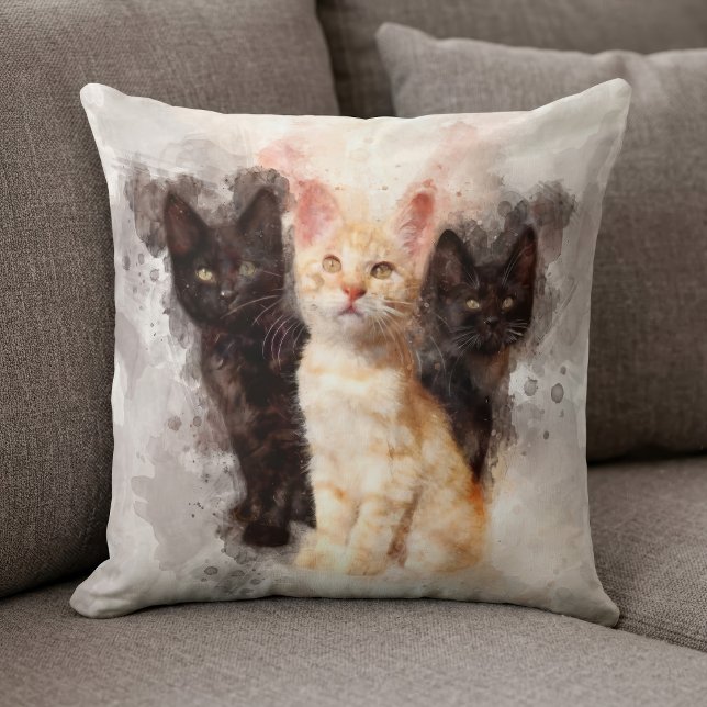 Akvarell Trio av söta svarta och orange kattungar Kudde (Watercolor Trio of Cute Black and Orange Kittens. Throw Pillow )