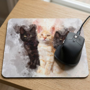 Akvarell Trio av söta svarta och orange kattungar Musmatta