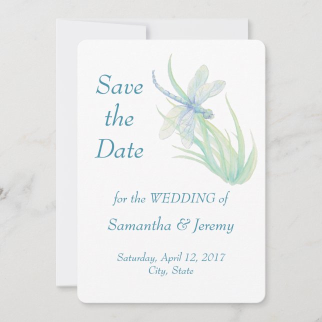 Akvarell Trollslända Blå Grön Save the Date Spara Datumet (Framsida)