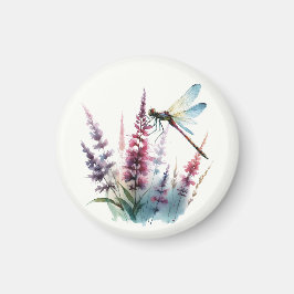 Akvarell Trollslända Lila Vildblomma Natur Konst Magnet
