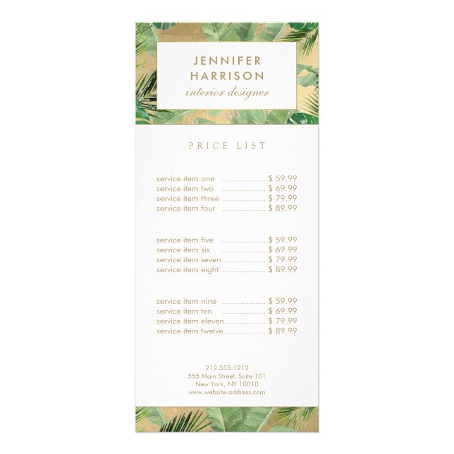Akvarell Tropicala Blad Mönster på Falskt Guld Reklamkort (Framsidan)
