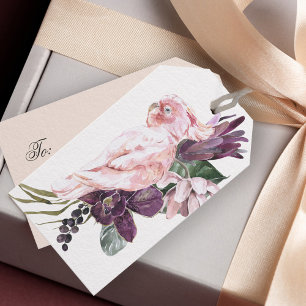 Akvarell Tropisk Blomma med Rosa Papegoja Presentetikett