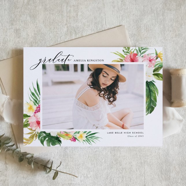 Akvarell Tropisk Blommig Ram Foto Examen Meddelande (Customizable photo graduation announcement featuring tropical flowers and greenery.  )