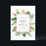 Akvarell Tropisk Botanisk Ram Sommar Spara Datumet<br><div class="desc">Meddela din vigsel dag till familj och vänner med detta anpassningsbara spara datum anmälningskort.  Det har en akvarell ram av tropiska blommor och grönska. Anpassa genom att lägga till namn,  datum,  lokaler och andra detaljer. Detta tropiska spara-datum kort är perfekt för sommar bröllop.</div>