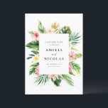 Akvarell Tropisk Botanisk Ram Sommar Spara Datumet<br><div class="desc">Meddela din vigsel till familj och vänner med detta anpassningsbara kort för datum för sparande.  Det har en akvarellram av tropiska blommor och grönska. Anpassa genom att lägga till namn,  datum,  lokaler och andra detaljer. Detta tropiska datumkort är perfekt för sommarbröllop.</div>