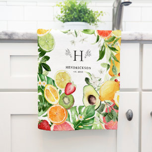 Akvarell Tropisk Citrusfrukt Monogram Kökshandduk