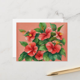 Akvarell Tropisk Hawaii Röd Hibiskus Vykort