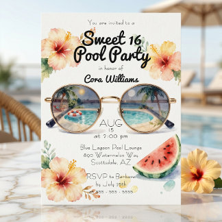 Akvarell Tropisk Hibiskus Sweet 16 Poolparty Inbjudningar