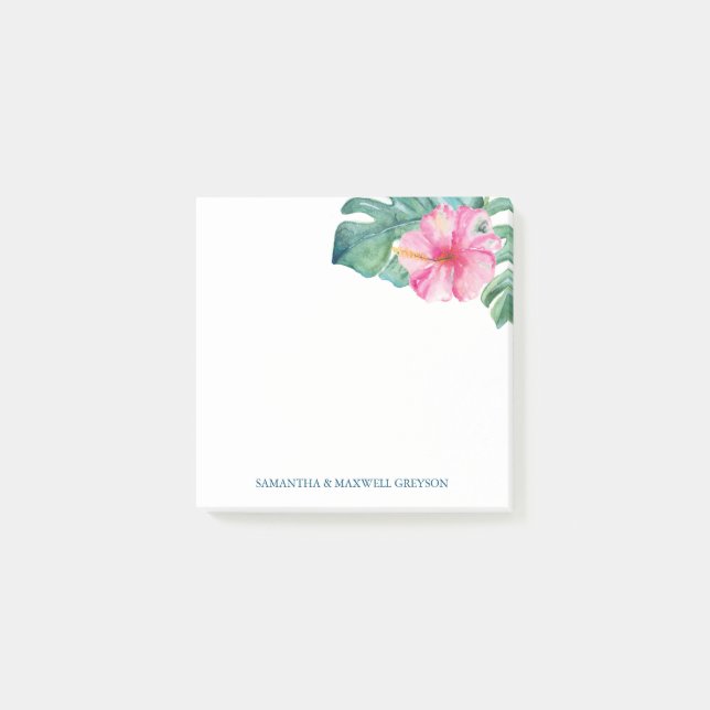 Akvarell Tropisk Hibiskusblomma och Palmblad Post-it Block (Framsida)