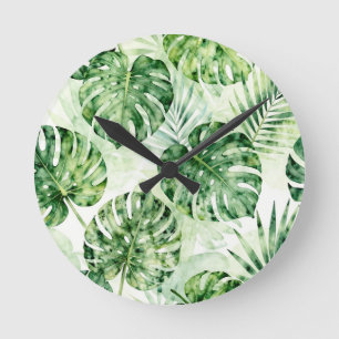 Akvarell Tropisk Monstera Palmbladsmönster Rund Klocka