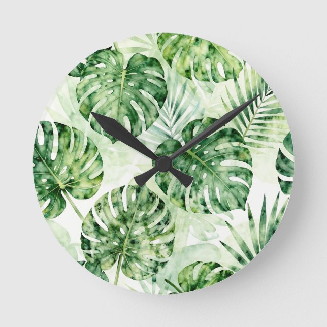 Akvarell Tropisk Monstera Palmbladsmönster Rund Klocka (Framsida)
