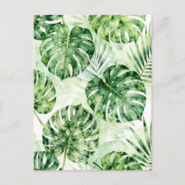 Akvarell Tropisk Monstera Palmbladsmönster Vykort (Framsida)