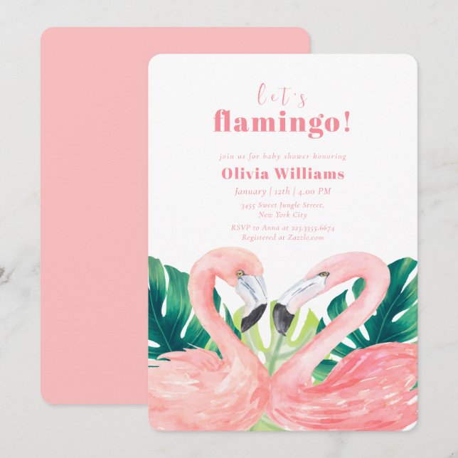 Akvarell Tropisk Par Flamingo Baby Shower Inbjudningar (Fram/baksida)