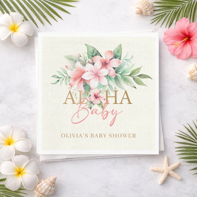 Akvarell Tropisk Rosa Blommig Aloha Babykalas Pappersservett (Watercolor Tropical Pink Floral Aloha Baby Shower Napkins)