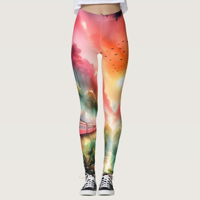 Akvarell Tropisk Solnedgångståg resa Leggings (Framsida)