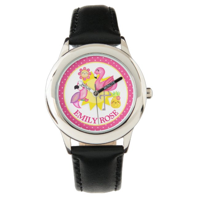 Akvarell Tropisk Sommar Flamingo & Papegoja Armbandsur (Framsida)