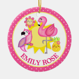 Akvarell Tropisk Sommar Flamingo & Papegoja Julgransprydnad Keramik