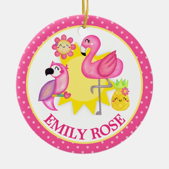 Akvarell Tropisk Sommar Flamingo & Papegoja  Julgransprydnad Keramik (Framsidan)