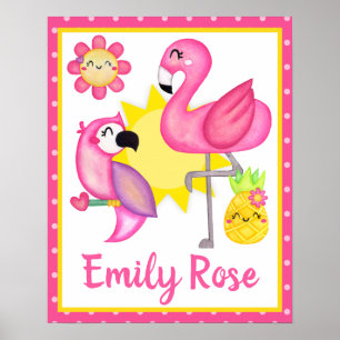 Akvarell Tropisk Sommar Flamingo & Papegoja Poster