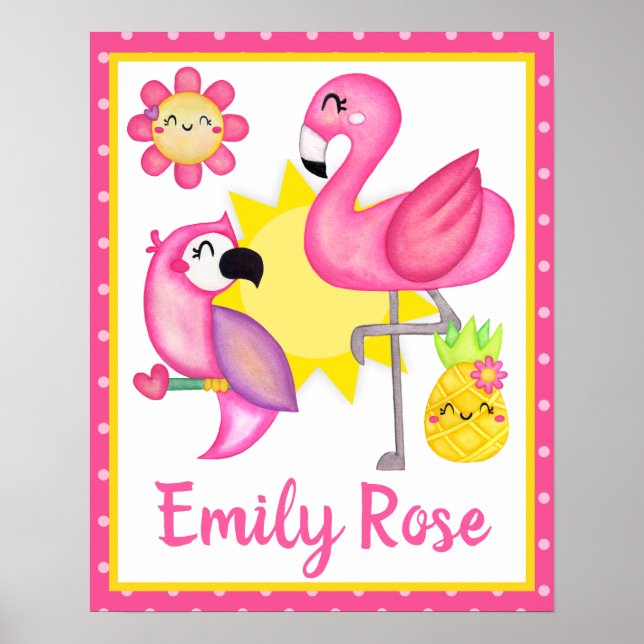 Akvarell Tropisk Sommar Flamingo & Papegoja Poster (Framsidan)