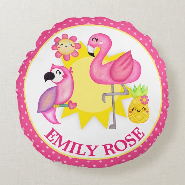 Akvarell Tropisk Sommar Flamingo & Papegoja Rund Kudde (Framsidan)
