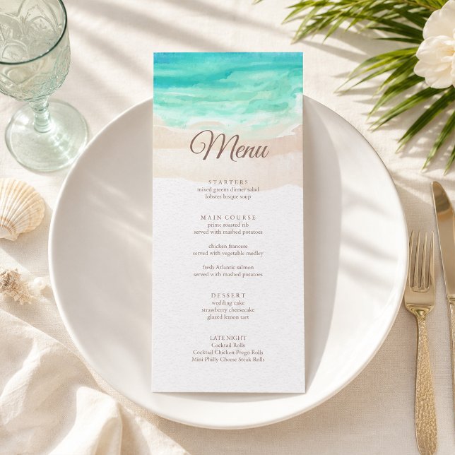 Akvarell Tropisk Strand Bröllopsmeny Kort (Watercolor Tropical Beach Wedding Menu Card)