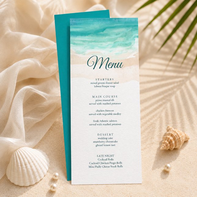 Akvarell Tropisk Strand Bröllopsmeny Kort (Watercolor Tropical Beach Wedding Menu Card)