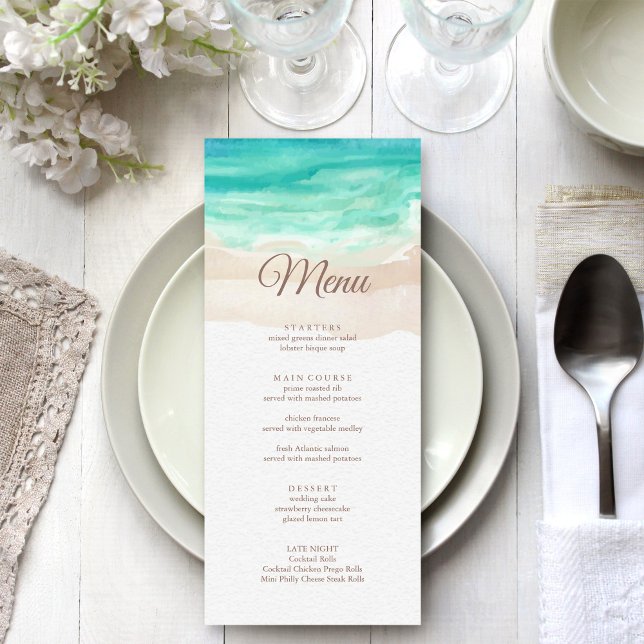 Akvarell Tropisk Strand Bröllopsmeny Kort (Watercolor Tropical Beach Wedding Menu on white wedding dinner table.)