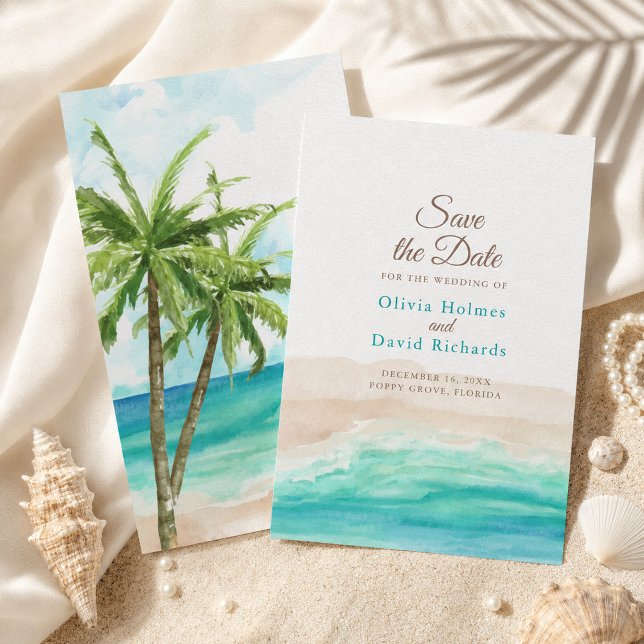 Akvarell Tropisk Strand med Palmträd Spara Datumet (Watercolor Tropical Beach with Palm Trees Save The Date)