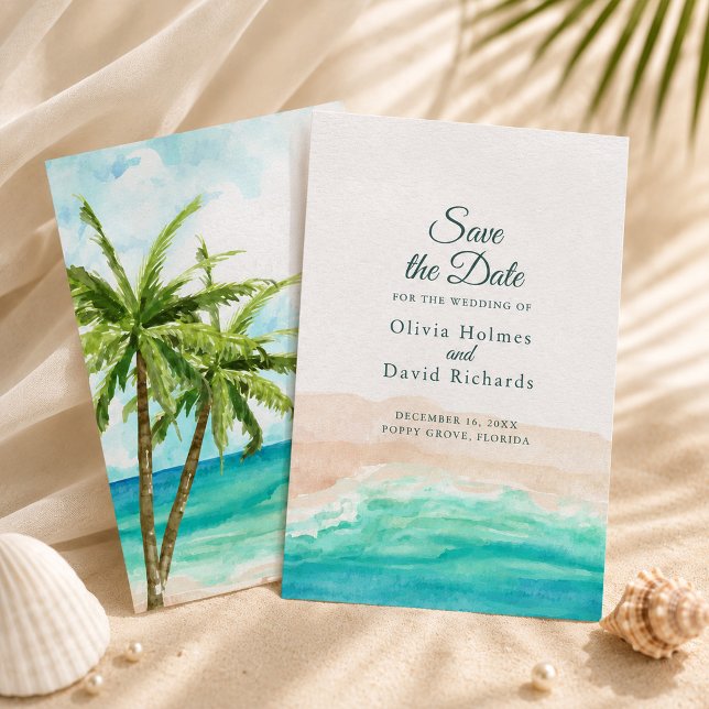 Akvarell Tropisk Strand med Palmträd Spara Datumet (Watercolor Tropical Beach with Palm Trees Save The Date)