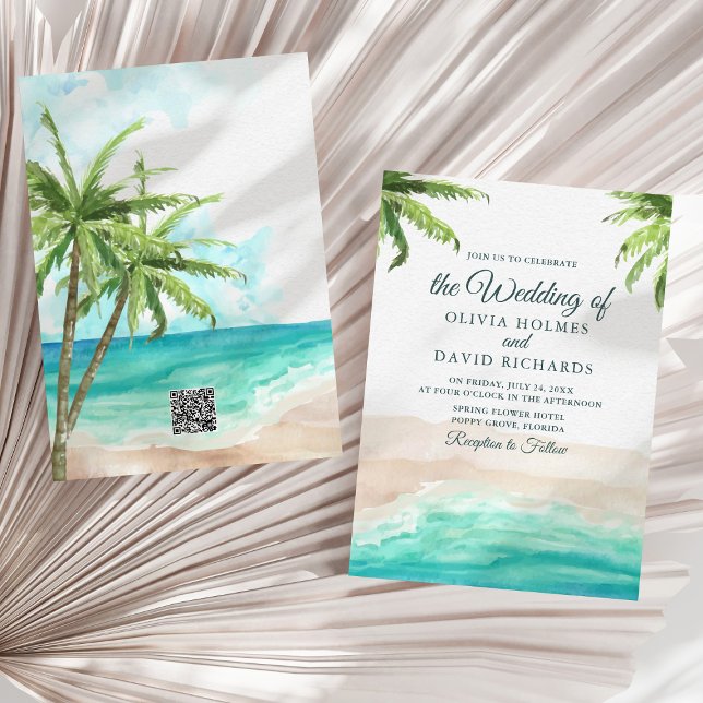 Akvarell Tropisk Strand med QR-kod Bröllop Inbjudningar (Watercolor Tropical Beach with QR Code Wedding Invitation on a sunny neutral dry palm leaf.)