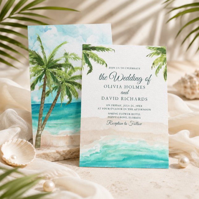 Akvarell Tropisk Strand och Palmträd Bröllop Inbjudningar (Watercolor Tropical Beach and Palm Trees Wedding Invitation)
